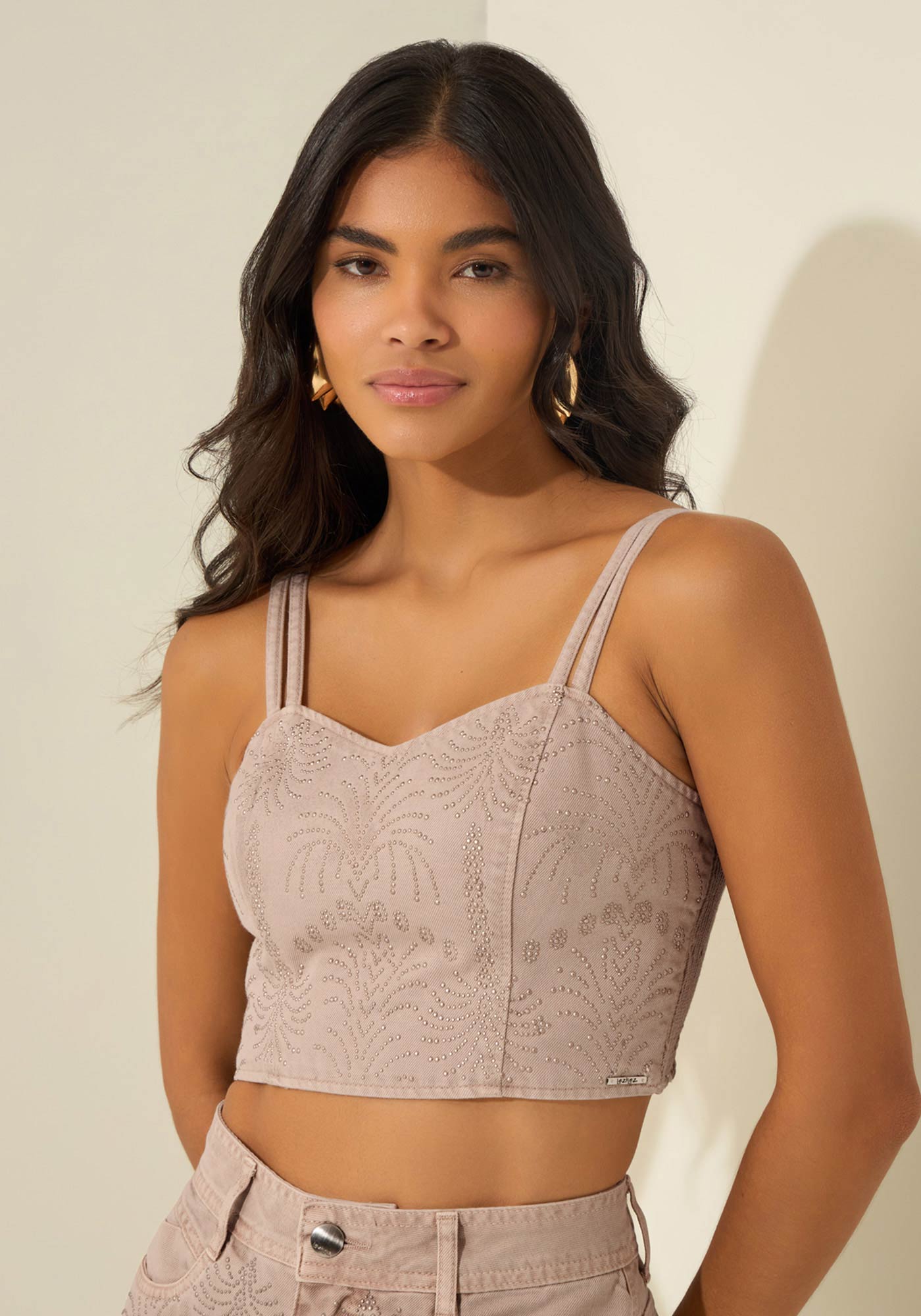 Top Cropped De Alças Em Sarja Com Aplicações | Lez a Lez